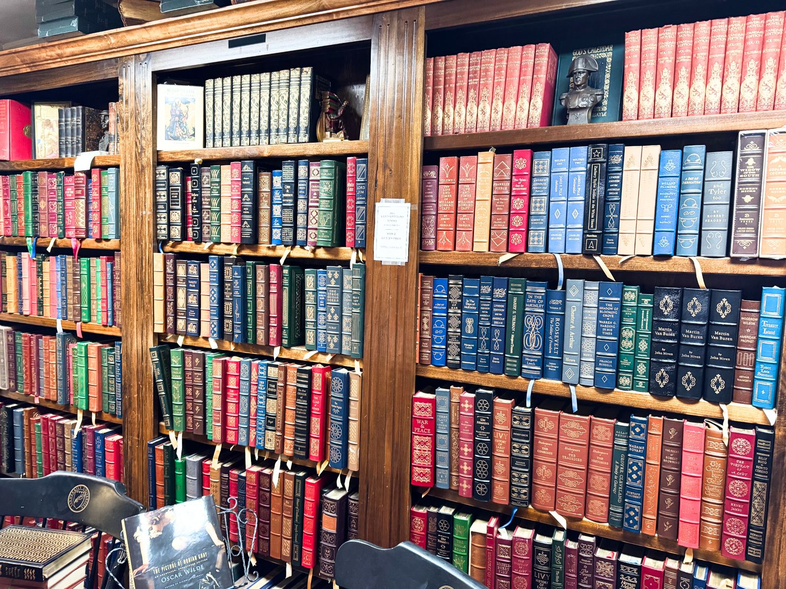 Leather-bound classics on the shelf